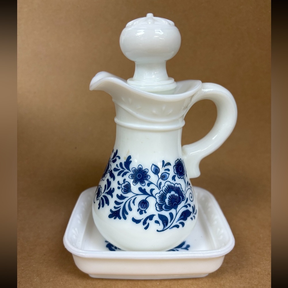 Vintage Avon Skin So Soft Milk Glass Delft Blue Bath Oil Decanter & Bowl
Set